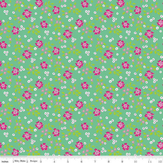Image of the Vibrance Abloom Alpine quilting cotton fabric by Leslie Ryan for Riley Blake Designs. Features flowers on a green background. Cute Little Fabric Shop