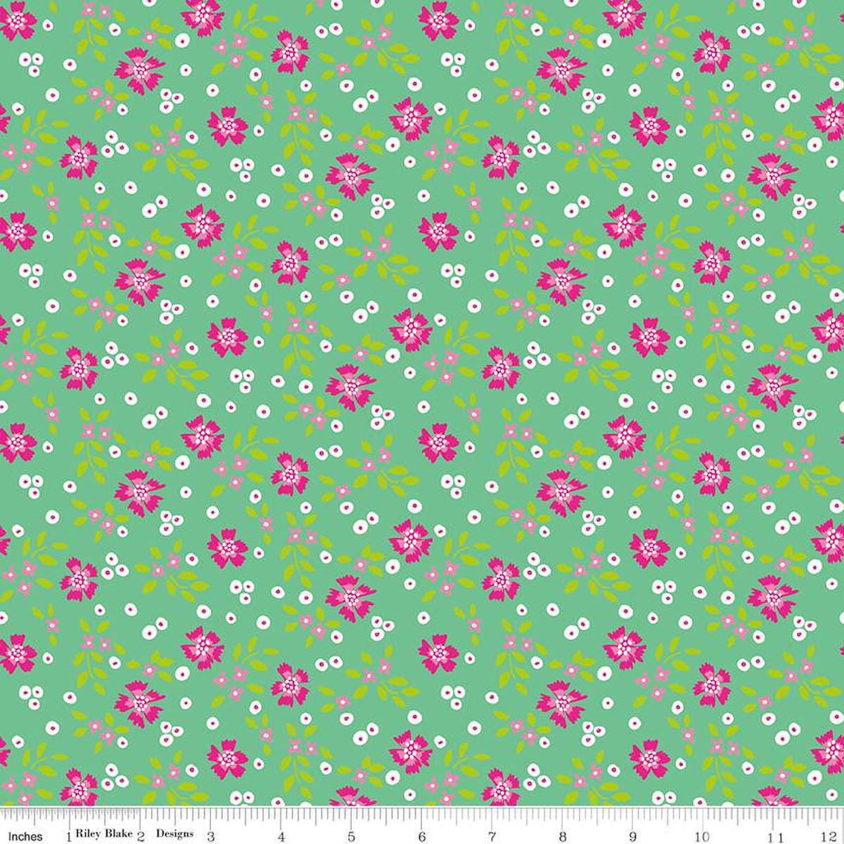 Image of the Vibrance Abloom Alpine quilting cotton fabric by Leslie Ryan for Riley Blake Designs. Features flowers on a green background. Cute Little Fabric Shop