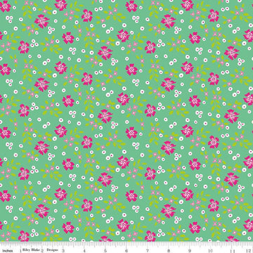 Image of the Vibrance Abloom Alpine quilting cotton fabric by Leslie Ryan for Riley Blake Designs. Features flowers on a green background. Cute Little Fabric Shop