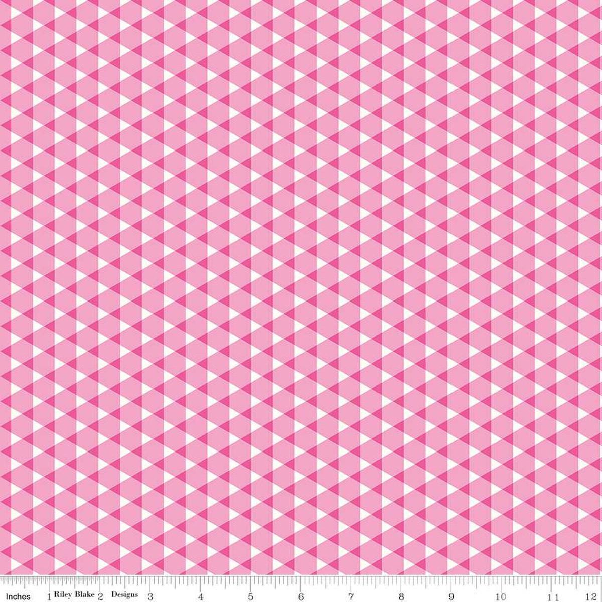 Image of the Vibrance Triangle Gingham Pink quilting cotton fabric by Leslie Ryan for Riley Blake Designs. Features triangles on a pink background. Cute Little Fabric Shop