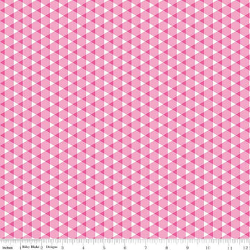 Image of the Vibrance Triangle Gingham Pink quilting cotton fabric by Leslie Ryan for Riley Blake Designs. Features triangles on a pink background. Cute Little Fabric Shop