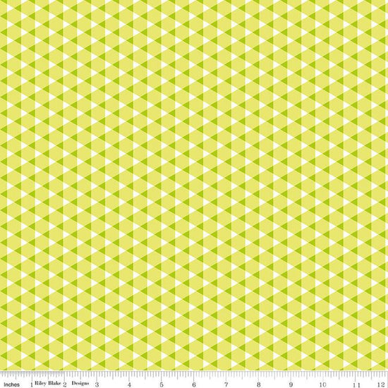 Image of the Vibrance Triangle Gingham Pear quilting cotton fabric by Leslie Ryan for Riley Blake Designs. Features triangles on a yellow background. Cute Little Fabric Shop