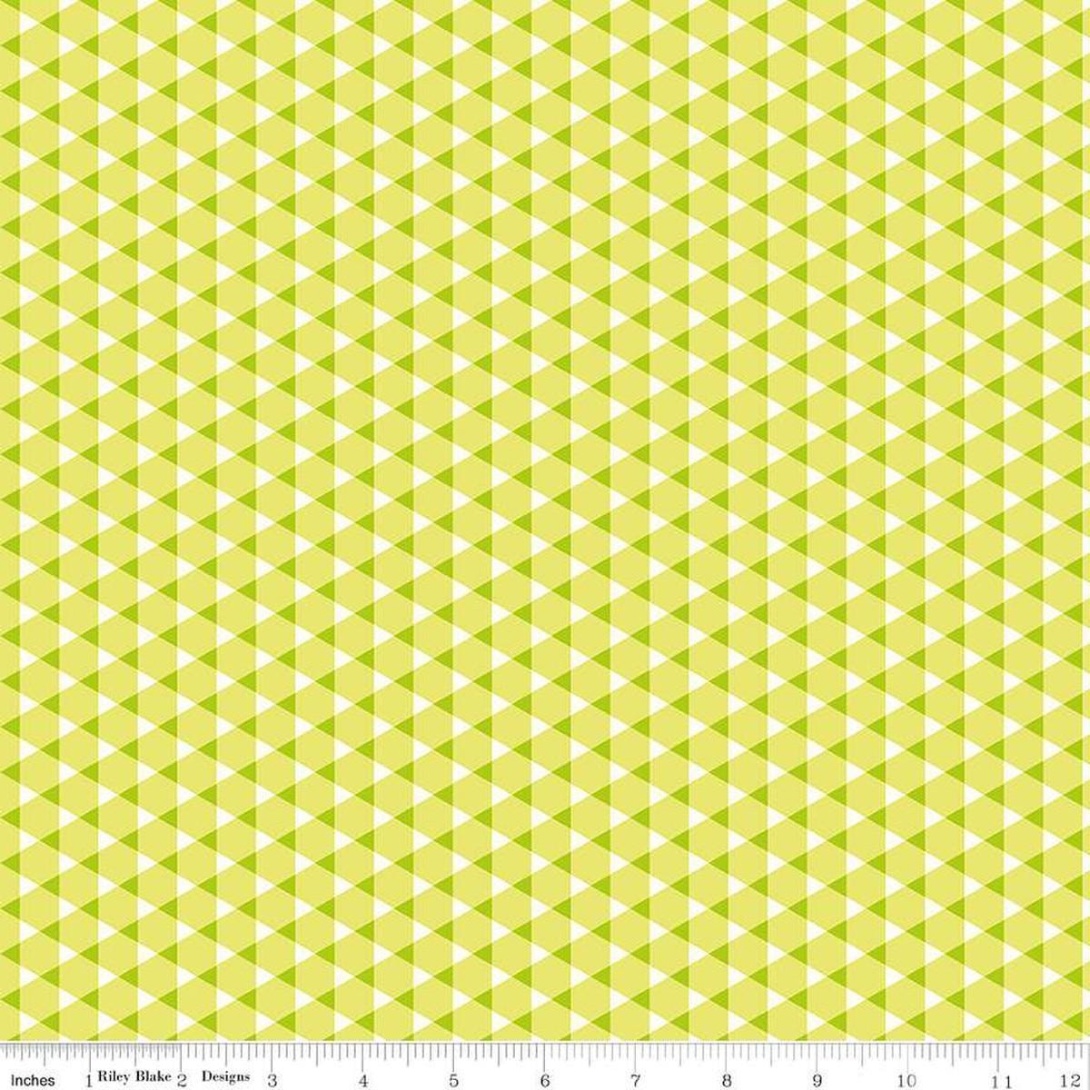 Image of the Vibrance Triangle Gingham Pear quilting cotton fabric by Leslie Ryan for Riley Blake Designs. Features triangles on a yellow background. Cute Little Fabric Shop