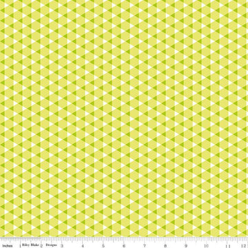 Image of the Vibrance Triangle Gingham Pear quilting cotton fabric by Leslie Ryan for Riley Blake Designs. Features triangles on a yellow background. Cute Little Fabric Shop