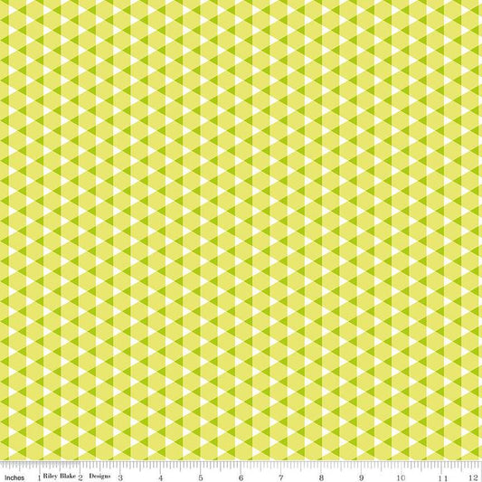Image of the Vibrance Triangle Gingham Pear quilting cotton fabric by Leslie Ryan for Riley Blake Designs. Features triangles on a yellow background. Cute Little Fabric Shop