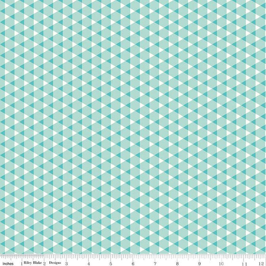Image of the Vibrance Triangle Gingham Aqua quilting cotton fabric by Leslie Ryan for Riley Blake Designs. Features triangles on a blue background. Cute Little Fabric Shop