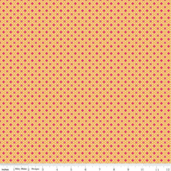 Image of the Vibrance Junctions Marmalade quilting cotton fabric by Leslie Ryan for Riley Blake Designs. Features shapes on an orange background. Cute Little Fabric Shop