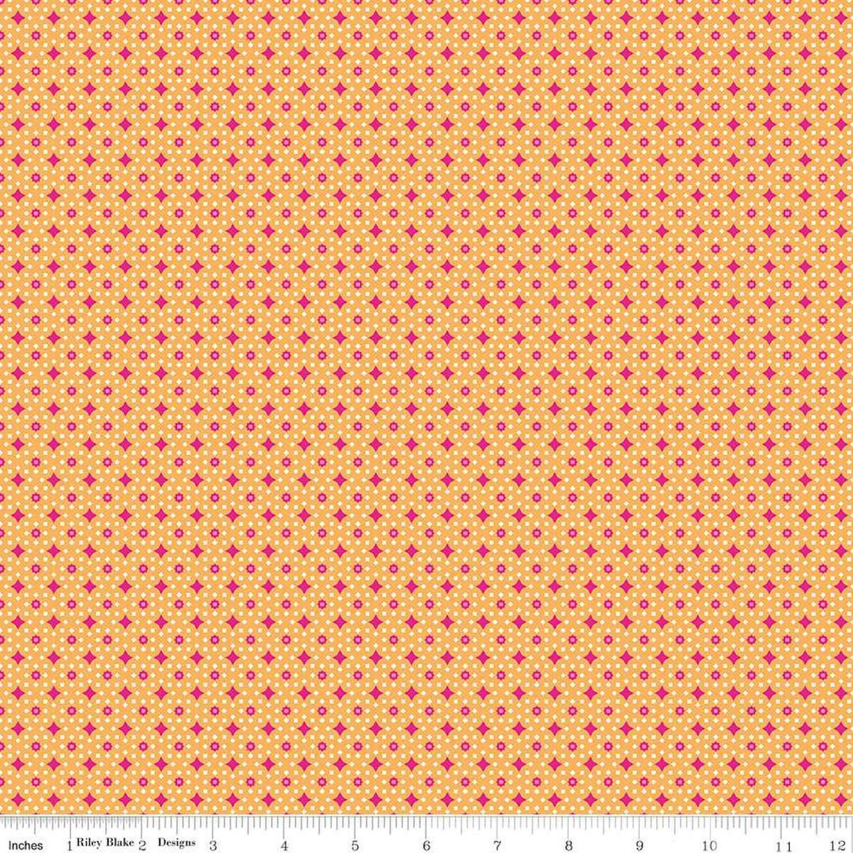 Image of the Vibrance Junctions Marmalade quilting cotton fabric by Leslie Ryan for Riley Blake Designs. Features shapes on an orange background. Cute Little Fabric Shop