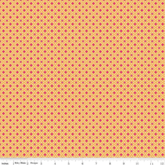 Image of the Vibrance Junctions Marmalade quilting cotton fabric by Leslie Ryan for Riley Blake Designs. Features shapes on an orange background. Cute Little Fabric Shop