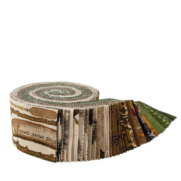 Image of the Perry Grove rolie polie by The RBD Designers for Riley Blake Designs. Features outdoor themed fabrics on brown backgrounds. 
Cute Little Fabric Shop