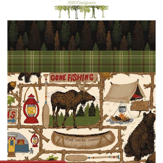 Image of the Perry Grove storyboard by The RBD Designers for Riley Blake Designs. Features outdoor themed fabrics on brown backgrounds. 
Cute Little Fabric Shop