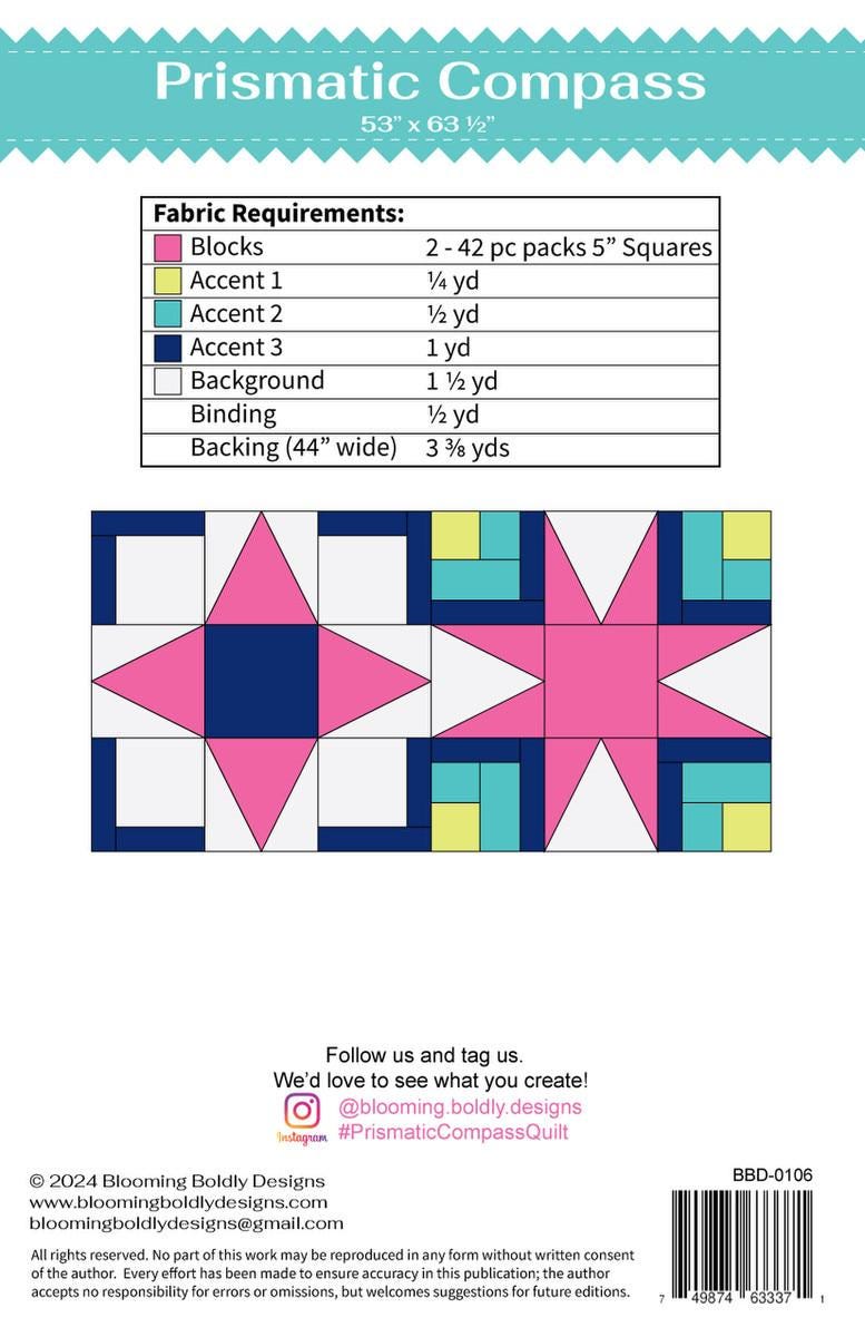 Image of the Prismatic Compass quilt pattern by Blooming Boldly Designs for Riley Blake Designs. Features geometric shapes on a quilt.
Cute Little Fabric Shop