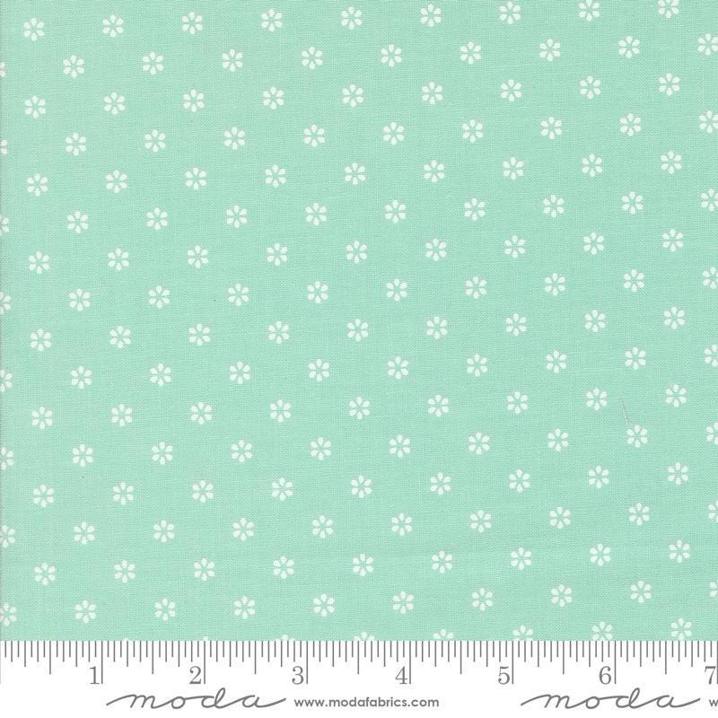 Image of the Summertime Small Aqua quilting cotton fabric by Moda Fabrics. Features flowers on a mint background. Cute Little Fabric Shop