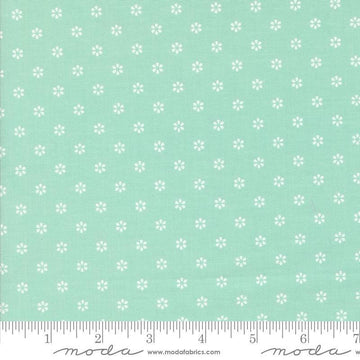 Image of the Summertime Small Aqua quilting cotton fabric by Moda Fabrics. Features flowers on a mint background. Cute Little Fabric Shop