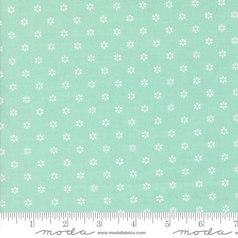 Image of the Summertime Small Aqua quilting cotton fabric by Moda Fabrics. Features flowers on a mint background. Cute Little Fabric Shop