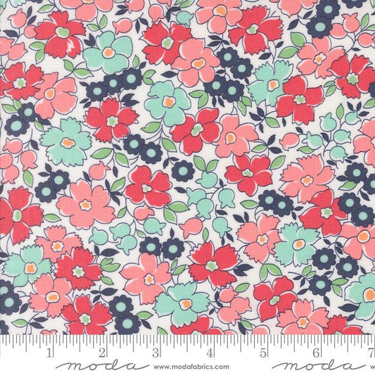 Image of the Summertime Garden Cream quilting cotton fabric by Moda Fabrics. Features flowers on a cream background. Cute Little Fabric Shop