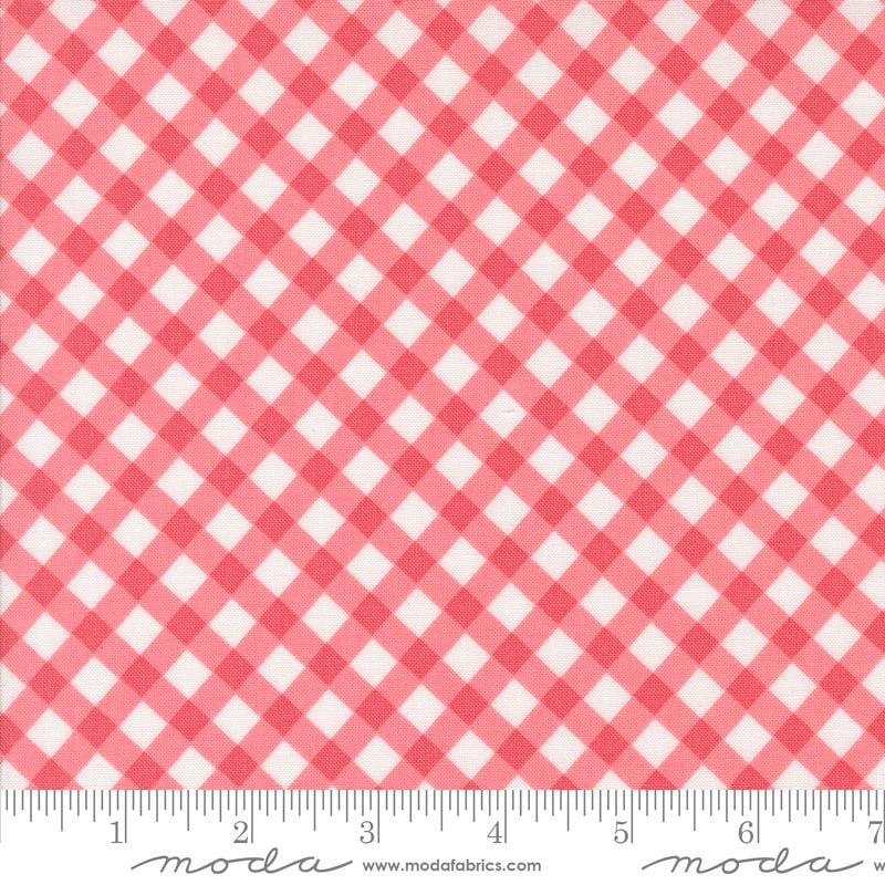 Image of the Summertime Picnic Blush quilting cotton fabric by Moda Fabrics. Features flowers on a pink background. Cute Little Fabric Shop