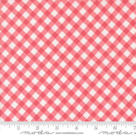 Image of the Summertime Picnic Blush quilting cotton fabric by Moda Fabrics. Features flowers on a pink background. Cute Little Fabric Shop