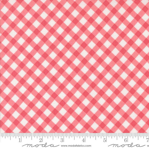 Image of the Summertime Picnic Blush quilting cotton fabric by Moda Fabrics. Features flowers on a pink background. Cute Little Fabric Shop