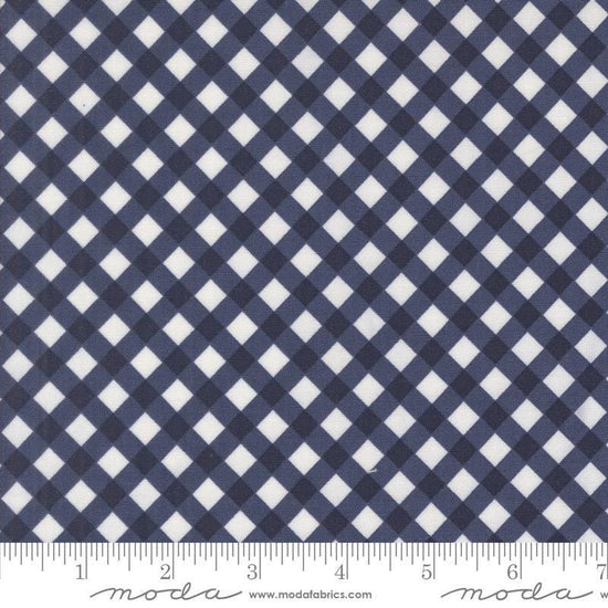 Image of the Summertime Picnic Navy quilting cotton fabric by Moda Fabrics. Features flowers on a blue background. Cute Little Fabric Shop