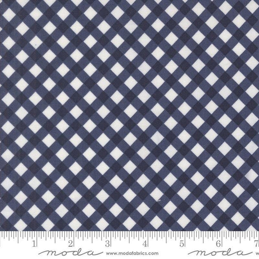 Image of the Summertime Picnic Navy quilting cotton fabric by Moda Fabrics. Features flowers on a blue background. Cute Little Fabric Shop