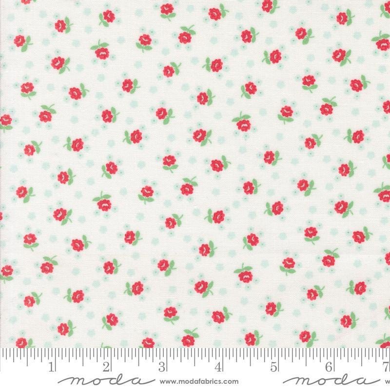 Image of the Summertime Fairground Cream quilting cotton fabric by Moda Fabrics. Features flowers on a cream background. Cute Little Fabric Shop