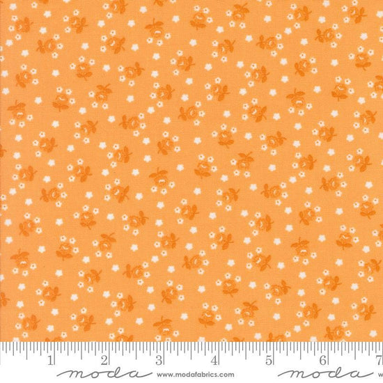 Image of the Summertime Fairground Orange quilting cotton fabric by Moda Fabrics. Features flowers on an orange background. Cute Little Fabric Shop