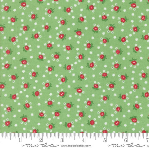 Image of the Summertime Fairground Green quilting cotton fabric by Moda Fabrics. Features flowers on an green background. Cute Little Fabric Shop
