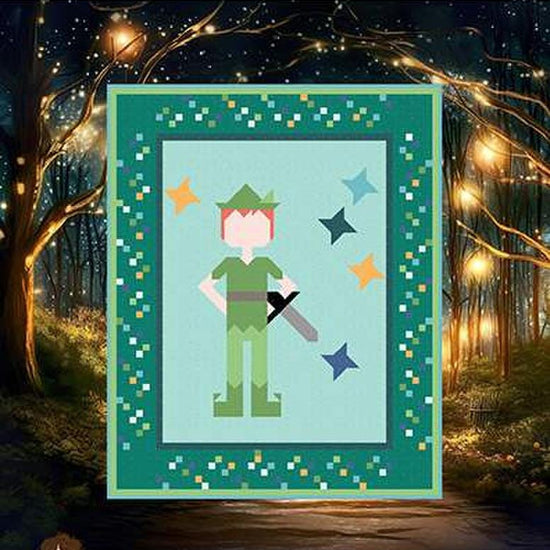 Image of the Neverland quilt pattern by Jennifer Long for Riley Blake Designs. Features Peter Pan on a quilt. 
Cute Little Fabric Shop