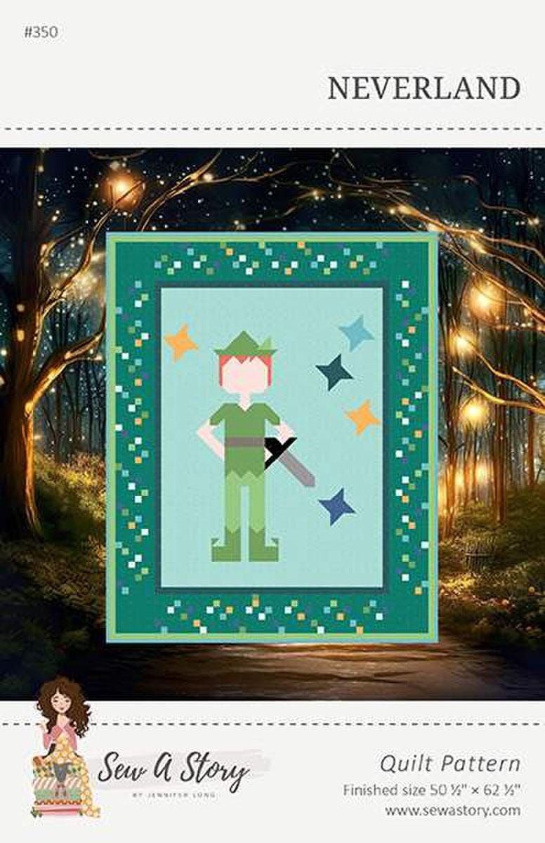 Image of the Neverland quilt pattern by Jennifer Long for Riley Blake Designs. Features Peter Pan on a quilt. 
Cute Little Fabric Shop