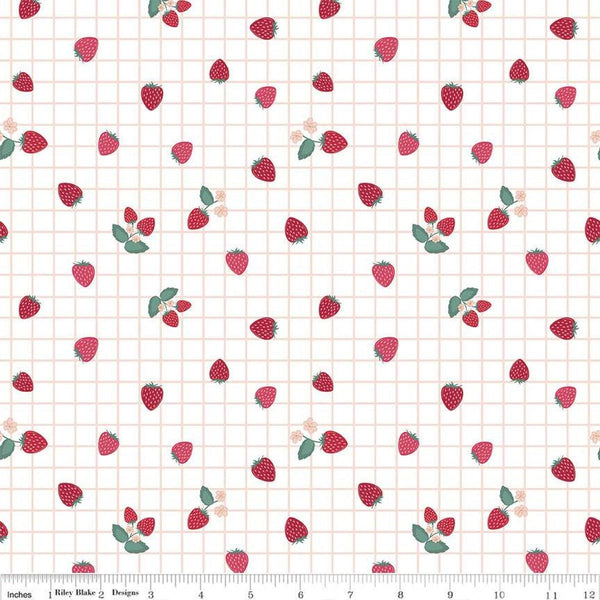 Image of the Berry Market Gingham Berried White quilting cotton fabric by Beverly McCullough for Riley Blake Designs. Features berries on a cream background. Cute Little Fabric Shop