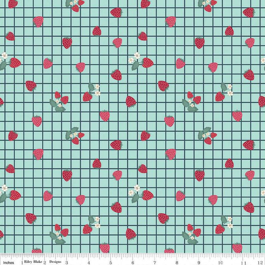 Image of the Berry Market Gingham Berries Songbird quilting cotton fabric by Beverly McCullough for Riley Blake Designs. Features flowers on a blue background. Cute Little Fabric Shop