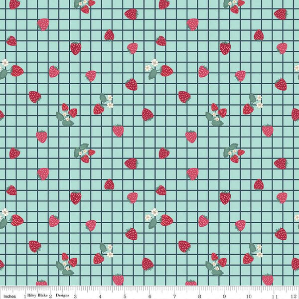 Image of the Berry Market Gingham Berries Songbird quilting cotton fabric by Beverly McCullough for Riley Blake Designs. Features flowers on a blue background. Cute Little Fabric Shop