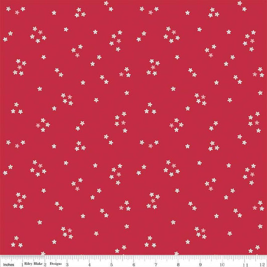 Image of the Berry Market Flowers Red quilting cotton fabric by Beverly McCullough for Riley Blake Designs. Features flowers on a red background. Cute Little Fabric Shop
