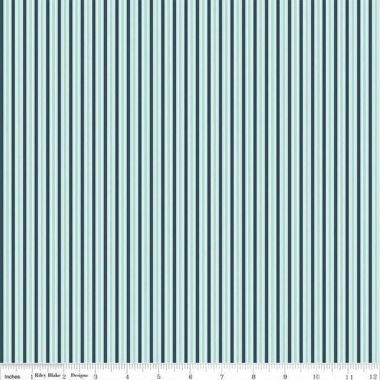Image of the Berry Market Stripes Songbird quilting cotton fabric by Beverly McCullough for Riley Blake Designs. Features lines on a blue background. Cute Little Fabric Shop