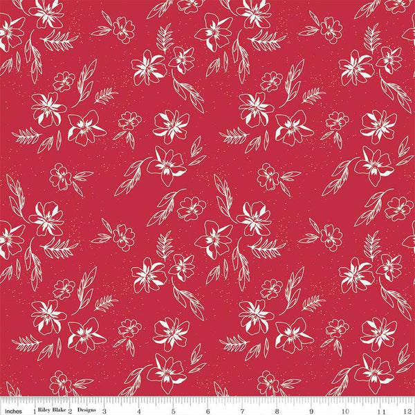 Image of the Berry Market Sketches Red quilting cotton fabric by Beverly McCullough for Riley Blake Designs. Features flowers on a red background. Cute Little Fabric Shop