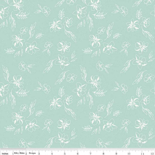 Image of the Berry Market Sketches Mint quilting cotton fabric by Beverly McCullough for Riley Blake Designs. Features flowers on a green background. Cute Little Fabric Shop