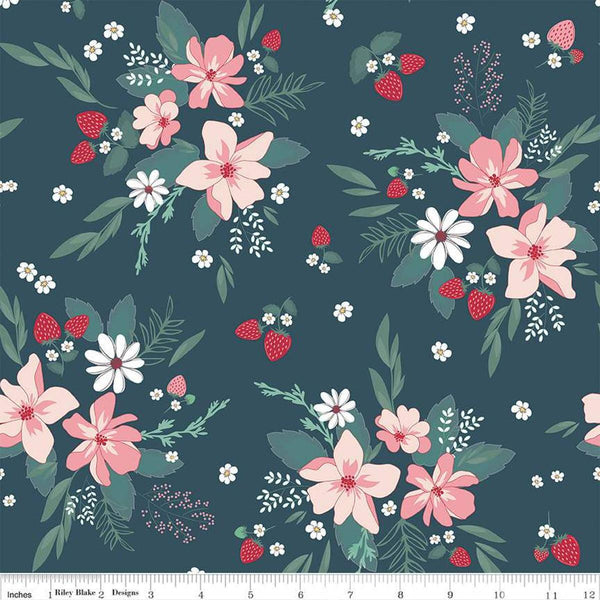 Image of the Berry Market Main Stargazer quilting cotton fabric by Beverly McCullough for Riley Blake Designs. Features flowers on a blue background. Cute Little Fabric Shop