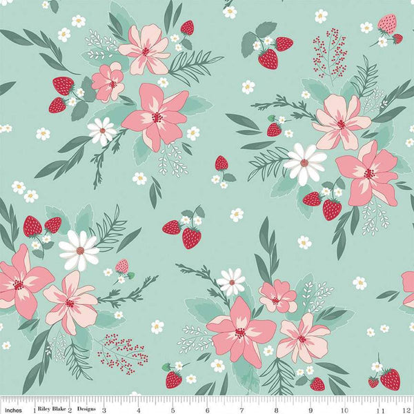 Image of the Berry Market Main Mint quilting cotton fabric by Beverly McCullough for Riley Blake Designs. Features flowers on a blue background. Cute Little Fabric Shop