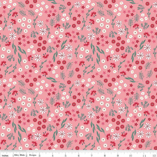 Image of the Berry Market Bouquets Peony quilting cotton fabric by Beverly McCullough for Riley Blake Designs. Features flowers on a pink background. Cute Little Fabric Shop