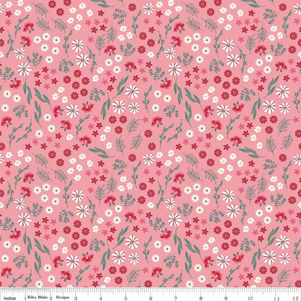 Image of the Berry Market Bouquets Peony quilting cotton fabric by Beverly McCullough for Riley Blake Designs. Features flowers on a pink background. Cute Little Fabric Shop