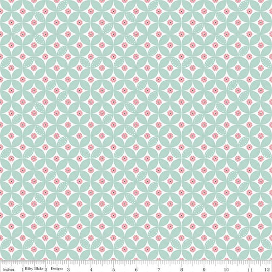Image of the Berry Market Daisies Mint quilting cotton fabric by Beverly McCullough for Riley Blake Designs. Features flowers on a green background. Cute Little Fabric Shop