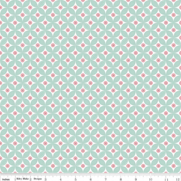 Image of the Berry Market Daisies Mint quilting cotton fabric by Beverly McCullough for Riley Blake Designs. Features flowers on a green background. Cute Little Fabric Shop