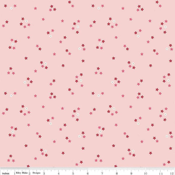 Image of the Berry Market Flowers Baby Pink quilting cotton fabric by Beverly McCullough for Riley Blake Designs. Features flowers on a pink background. Cute Little Fabric Shop