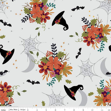 Little Witch Main C14560 Smoke - Riley Blake Designs - Flowers Witch Hats Bats Spiderwebs Moons - Quilting Cotton Fabric