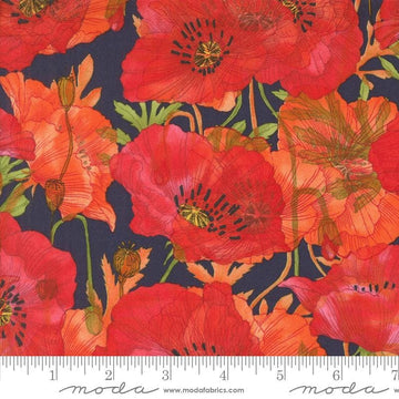 Superbloom Poppy Indigo quilting cotton fabrics by Robin Pickens for Moda Fabrics. Features flowers on a navy background. Cute Little Fabric Shop