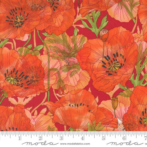 Superbloom Poppy Geranium quilting cotton fabrics by Robin Pickens for Moda Fabrics. Features flowers on a orange background. Cute Little Fabric Shop