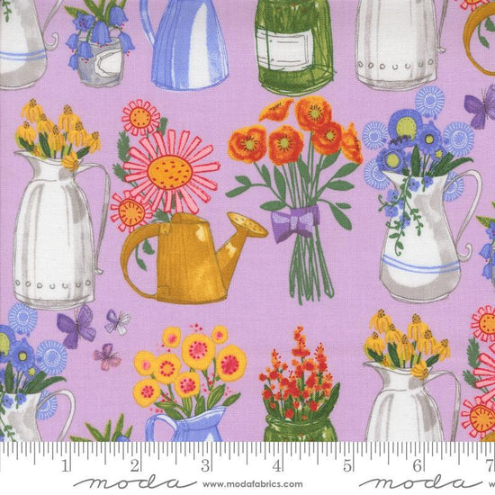 Superbloom Jars Freesia quilting cotton fabrics by Robin Pickens for Moda Fabrics. Features jars on a pink background. Cute Little Fabric Shop