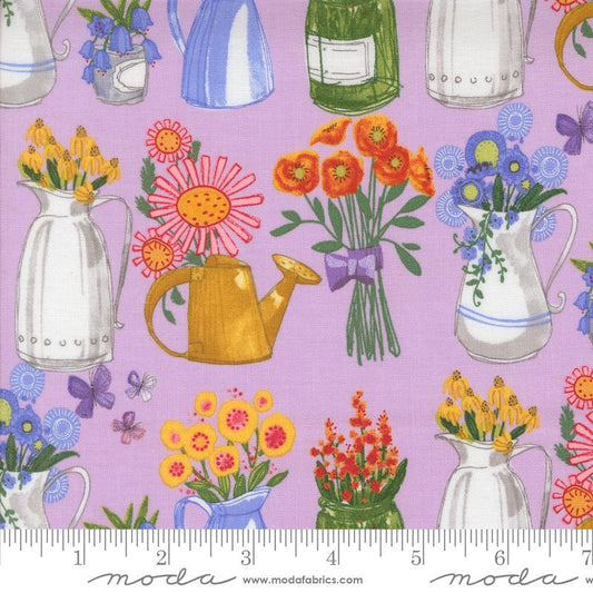Superbloom Jars Freesia quilting cotton fabrics by Robin Pickens for Moda Fabrics. Features jars on a pink background. Cute Little Fabric Shop