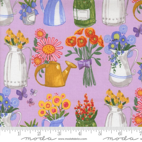 Superbloom Jars Freesia quilting cotton fabrics by Robin Pickens for Moda Fabrics. Features jars on a pink background. Cute Little Fabric Shop